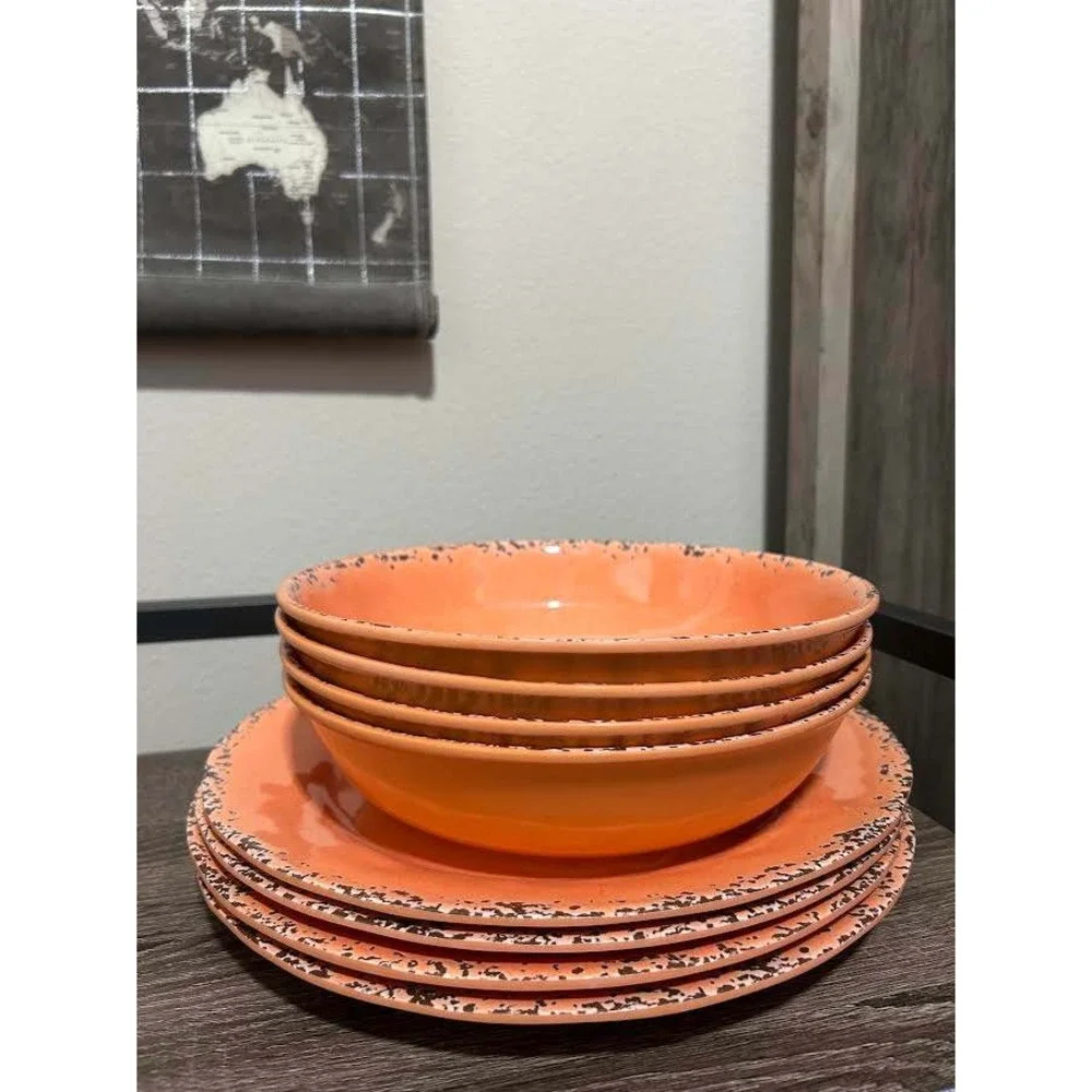 Tommy Bahama 8pc Melamine Dinnerware Set Coral Orange Plates Bowls Distressed